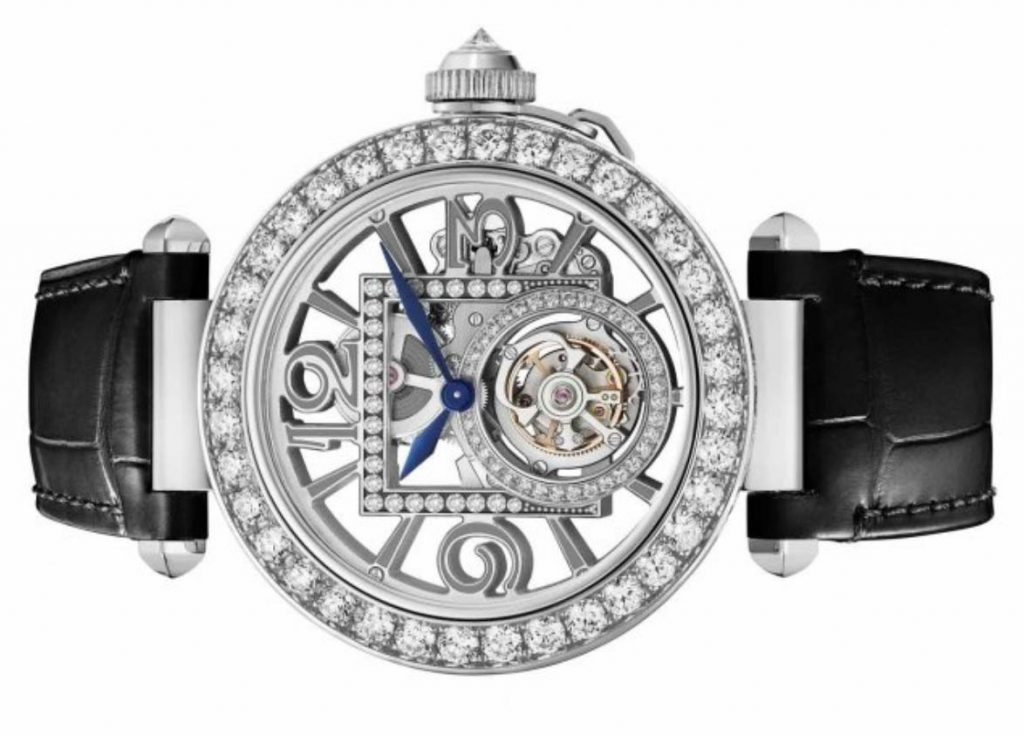 The hollowed dial fake watch is decorated with diamonds.