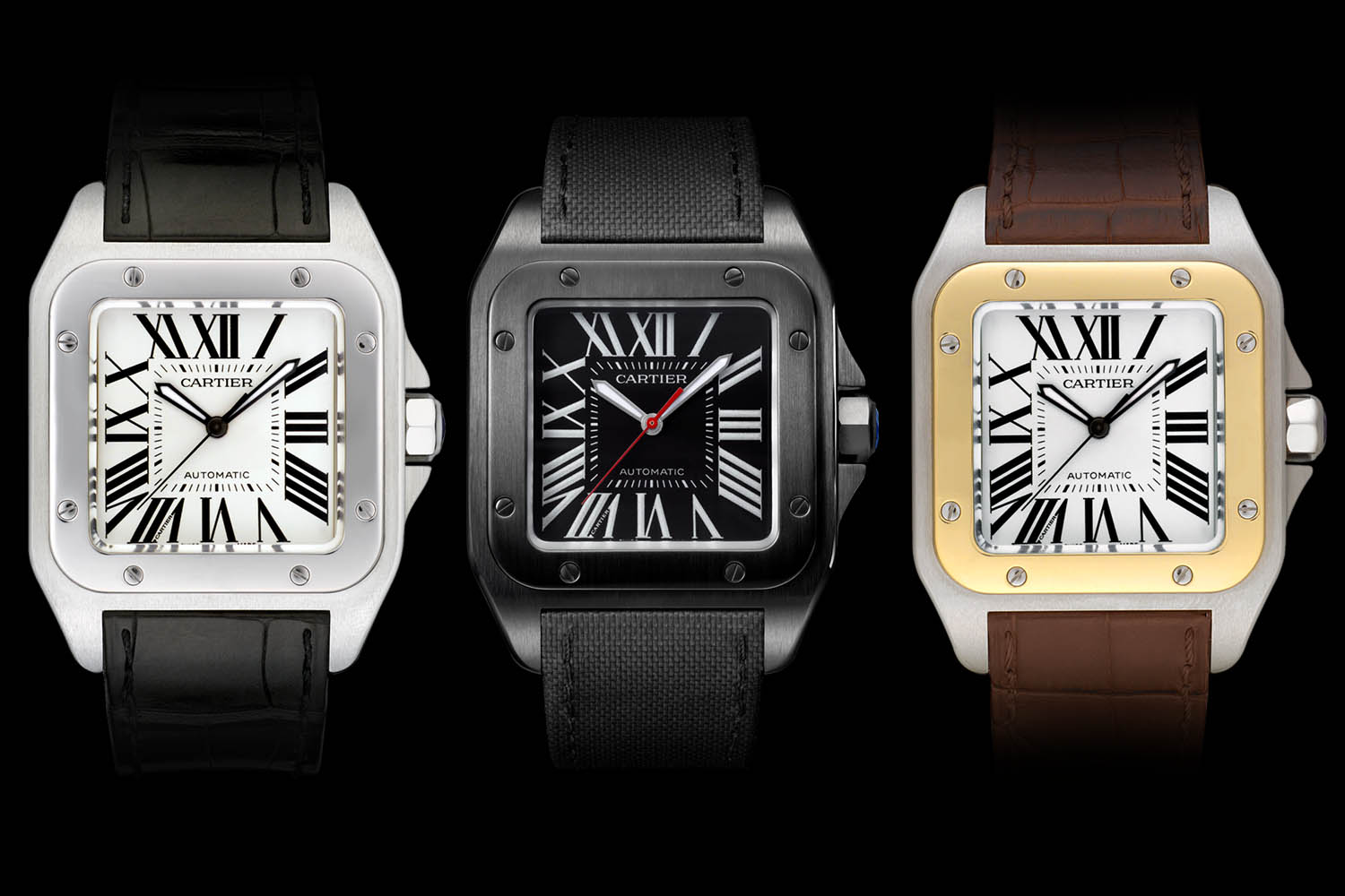 New Cartier Santos 100 Replica Watches with White,Black and Golden Dials For Men