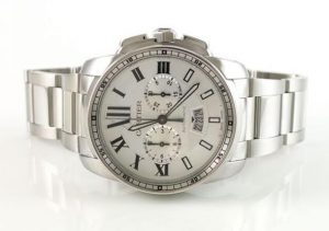 The stainless steel fake watch has a silvery dial.