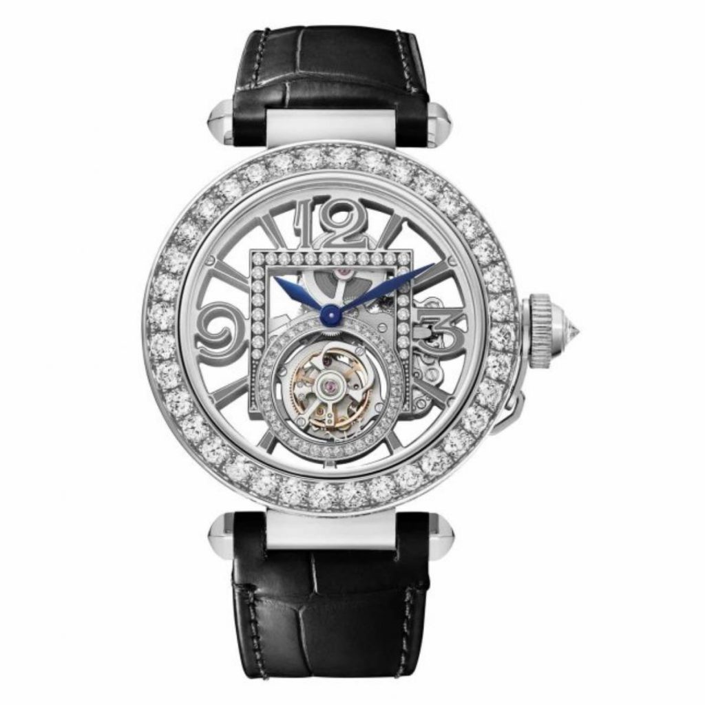 The 18k white gold fake watch has a black strap.