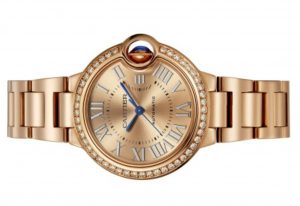 The 33mm fake watch is made from polished 18k rose gold.