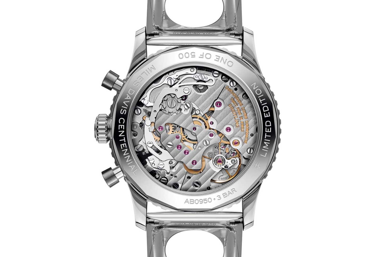 Mechanical chronograph movement visible through a transparent caseback
