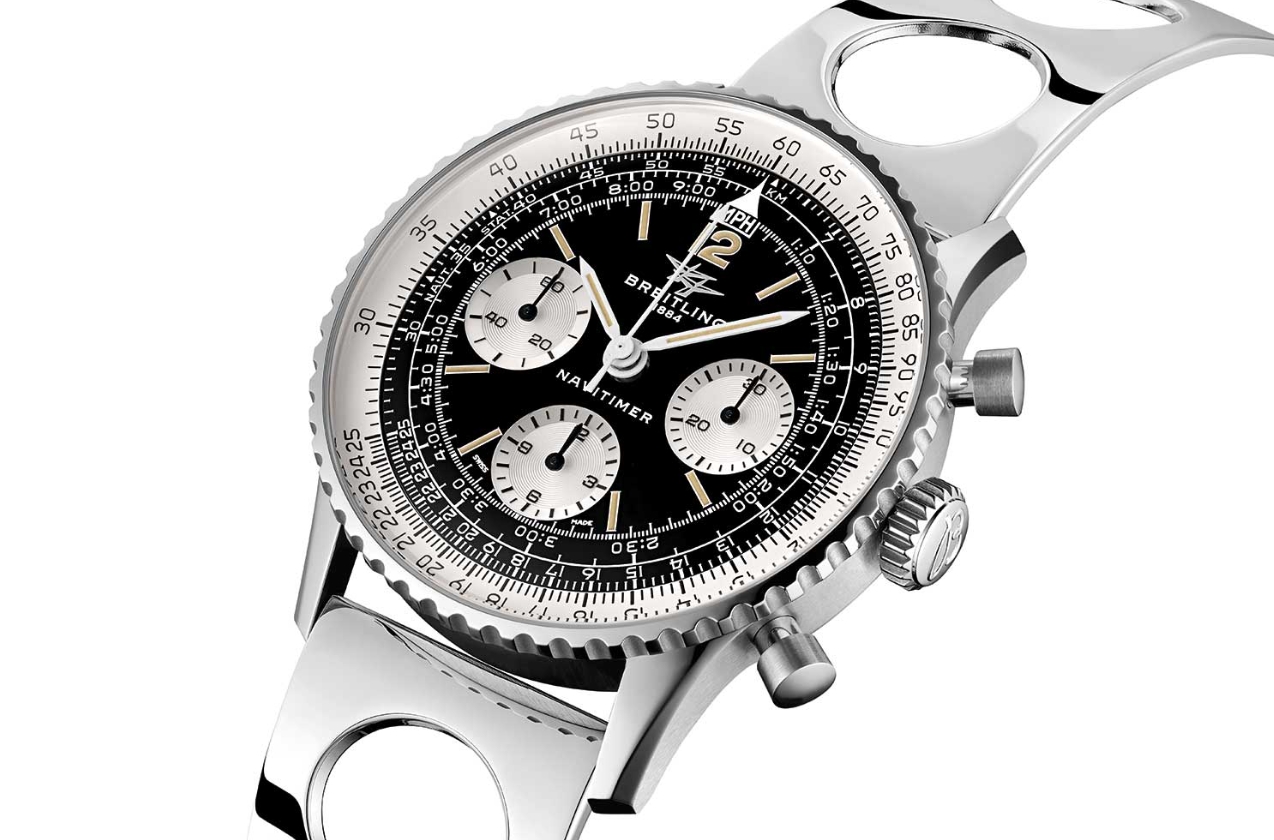 Navitimer style chronograph with reverse panda dial and steel bracelet